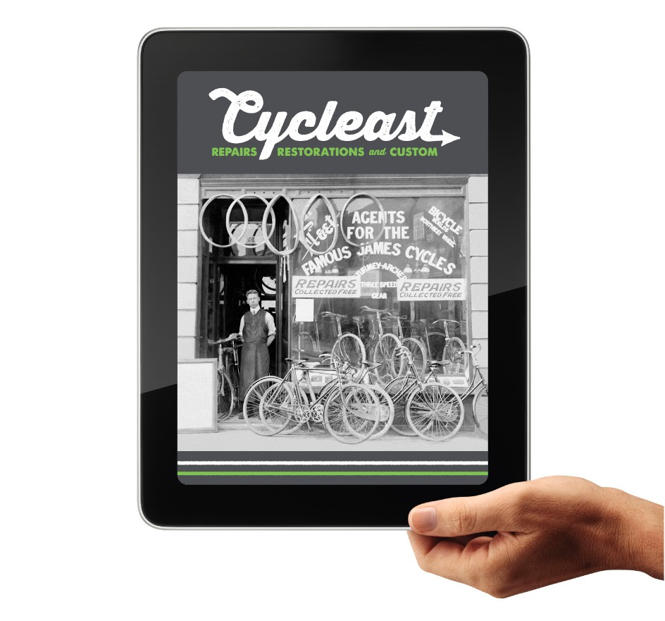Cycleast-Repairs-Restorations-Custom-Bicycles-Bikes-Shop-Store-East-Austin-Russell-Pickavance-Website-Proposed-Style-Script-B&W-Stripes